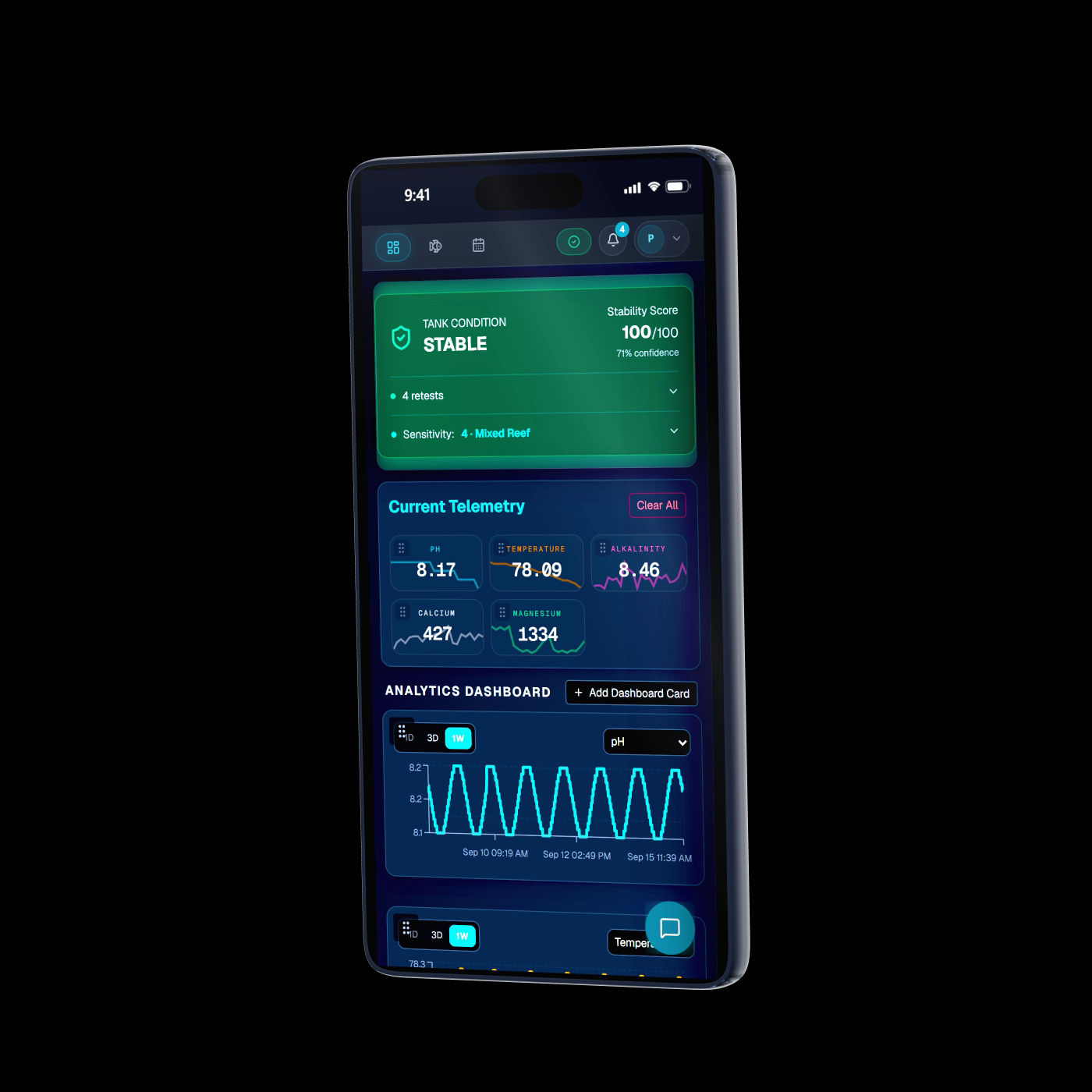 The ReefGPT dashboard shown on a phone